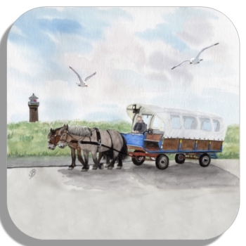 Untersetzer Glasuntersetzer 9,5 x 9,5 cm Aquarell Maritim Kunst Druck Kunstdruck Nordsee Juist Leuchtturm Insel mit Pferdekutsche