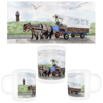Tasse Becher Kaffeebecher Aquarell Maritim Kunst Druck Kunstdruck Nordsee Juist  Leuchtturm Insel mit Pferdekutsche