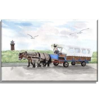 Leinwand 30 x 20 cm Keilrahmen Canvas-Leinen Aquarell Maritim Kunst Druck Kunstdruck Nordsee Juist Leuchtturm Insel mit Pferdekutsche