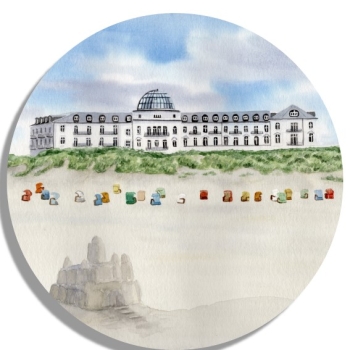 Untersetzer Glasuntersetzer rund 9,5 cm  Aquarell Kunst Druck Kunstdruck Strandkorb Sonnenuntergang Nordsee Insel Juist - Strandhotel Kurhaus Juist weiter Strand - Juist 14