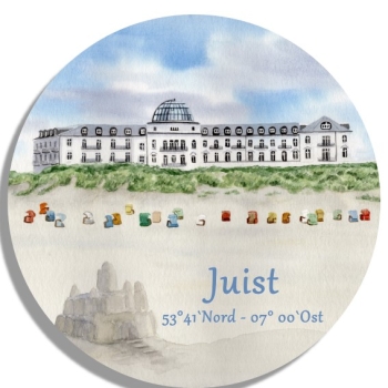 Untersetzer Glasuntersetzer rund 9,5 cm  Aquarell Kunst Druck Kunstdruck Strandkorb Sonnenuntergang Nordsee Insel Juist - Strandhotel Kurhaus Juist weiter Strand - Juist 14