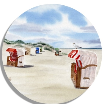 Untersetzer Glasuntersetzer rund 9,5 cm  Aquarell Kunst Druck Kunstdruck Strandkorb Sonnenuntergang Nordsee Insel Juist - Strandkörbe am Strand - Juist 8