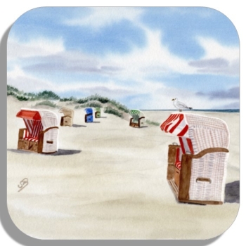 Untersetzer Glasuntersetzer 9,5 x 9,5 cm Aquarell Kunst Druck Kunstdruck Strandkorb Sonnenuntergang Nordsee Insel Juist - Strandkorbe am Strand - Juist 8