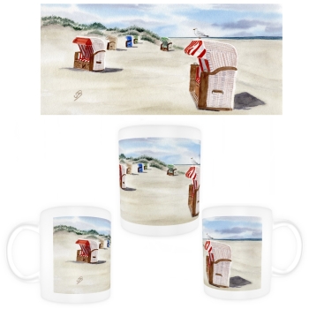 Tasse Becher Kaffeebecher Aquarell Kunst Druck Kunstdruck Strandkorb Sonnenuntergang Nordsee Insel Juist - Strandkorbe am Strand - Juist 8