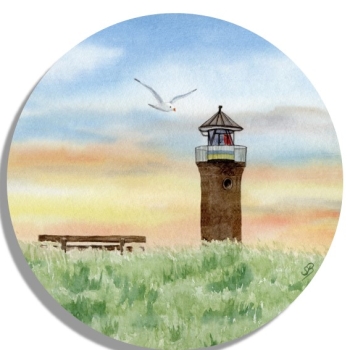 Untersetzer Glasuntersetzer rund 9,5 cm Aquarell Maritim Kunst Druck Kunstdruck Nordsee Juist  Leuchtturm Insel