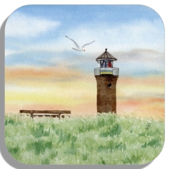 Untersetzer Glasuntersetzer 9,5 x 9,5 cm Aquarell Maritim Kunst Druck Kunstdruck Nordsee Juist Leuchtturm Insel