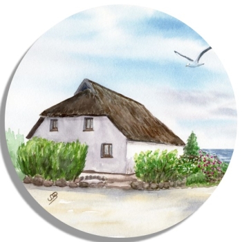 Untersetzer Glasuntersetzer rund 9,5 cm   Aquarell Maritim Kunst Druck Kunstdruck Ostsee Kap Arkona 3 Fischerdorf Vitt