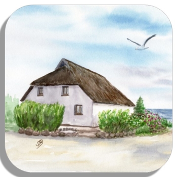 Untersetzer Glasuntersetzer 9,5 x 9,5 cm  Aquarell Maritim Kunst Druck Kunstdruck Ostsee Kap Arkona 3 Fischerdorf Vitt