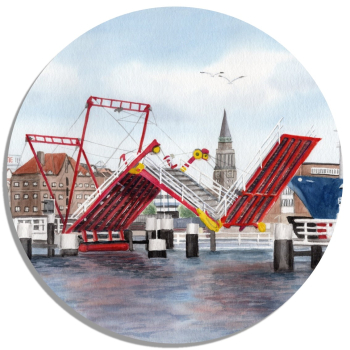 Coasters glass coasters 9,5 x  9,5 cm Watercolor Maritime Art Print Baltic Sea - Hörnbrücke folding bridge Kiel - Kiel3