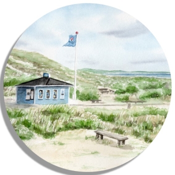 Untersetzer Glasuntersetzer rund 9,5 cm Aquarell Maritim Kunst Druck Kunstdruck Nordsee Dänemark Danmark Hirtshals blauer Kiosk Tversted det bla ishus blaue Eisbude