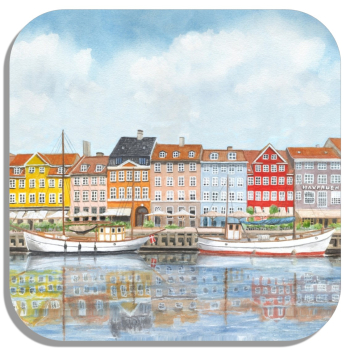 Coasters glass coasters 9,5 x  9,5 cm watercolor maritime art print art print  Denmark Danmark Copenhagen Harbor Københavns Havn - KOP3