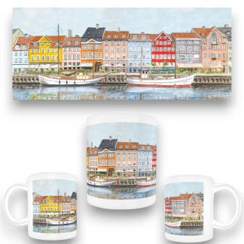 Cup Coffee Cup Mug watercolor maritime art print art print  Denmark Danmark Copenhagen Harbor Københavns Havn - KOP3