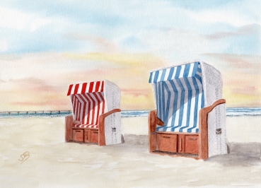 Postkarte DIN-A6   Aquarell Maritim Kunst Druck Kunstdruck Ostsee Kühlungsborn Strand Strandkorb