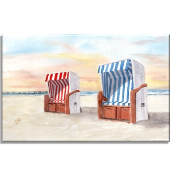 Leinwand 30 x 20 cm Keilrahmen Canvas-Leinen  Aquarell Maritim Kunst Druck Kunstdruck Ostsee Kühlungsborn Strand Strandkorb