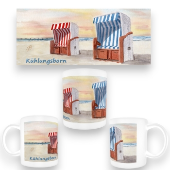 Tasse Becher Kaffeebecher  Aquarell Maritim Kunst Druck Kunstdruck Ostsee Kühlungsborn Strand Strandkorb