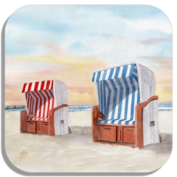 Untersetzer Glasuntersetzer 9,5 x 9,5 cm  Aquarell Maritim Kunst Druck Kunstdruck Ostsee Kühlungsborn Strand Strandkorb
