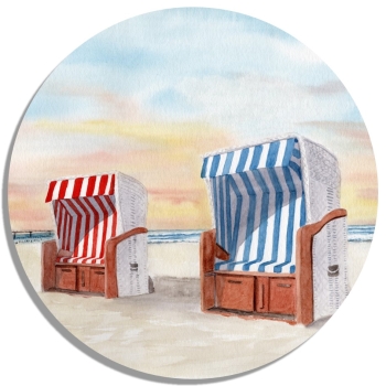 Untersetzer Glasuntersetzer rund 9,5 cm Aquarell Maritim Kunst Druck Kunstdruck  Aquarell Maritim Kunst Druck Kunstdruck Ostsee Kühlungsborn Strand Strandkorb