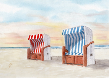 Postkarte DIN-A6  Aquarell Kunst Maritim Druck Kunstdruck Strandkörbe am Meer von Sylt Westerland - Sylt23