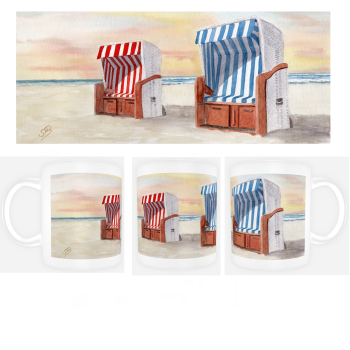 Tasse Becher Kaffeebecher Aquarell Kunst Maritim Druck Kunstdruck Strandkörbe am Meer von Sylt Westerland - Sylt23