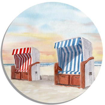 Untersetzer Glasuntersetzer rund 9,5 cm  Aquarell Kunst Maritim Druck Kunstdruck Strandkörbe am Meer von Sylt Westerland - Sylt23