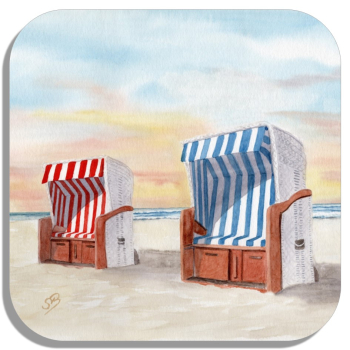 Untersetzer Glasuntersetzer 9,5 x 9,5 cm Aquarell Kunst Maritim Druck Kunstdruck Strandkörbe am Meer von Sylt Westerland - Sylt23