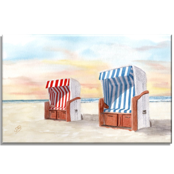 Leinwand 30 x 20 cm Keilrahmen Canvas-Leinen Aquarell Kunst Maritim Druck Kunstdruck Strandkörbe am Meer von Sylt Westerland -Sylt23