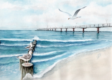 Postkarte DIN-A6   Aquarell Maritim Kunst Druck Kunstdruck Ostsee Kühlungsborn Strand Seebrücke
