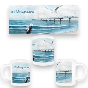 Tasse Becher Kaffeebecher  Aquarell Maritim Kunst Druck Kunstdruck Ostsee Kühlungsborn Strand Seebrücke