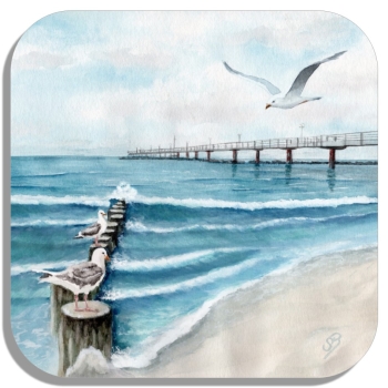 Untersetzer Glasuntersetzer 9,5 x 9,5 cm  Aquarell Maritim Kunst Druck Kunstdruck Ostsee Kühlungsborn Strand Seebrücke