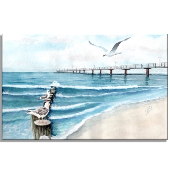 Leinwand 30 x 20 cm Keilrahmen Canvas-Leinen  Aquarell Maritim Kunst Druck Kunstdruck Ostsee Kühlungsborn Strand Seebrücke