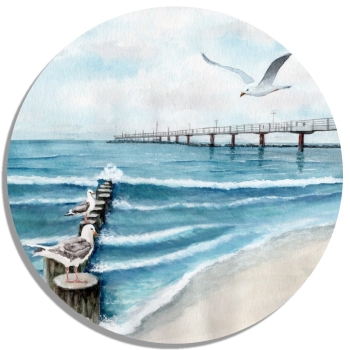 Untersetzer Glasuntersetzer rund 9,5 cm Aquarell Maritim Kunst Druck Kunstdruck  Aquarell Maritim Kunst Druck Kunstdruck Ostsee Kühlungsborn Strand Seebrücke