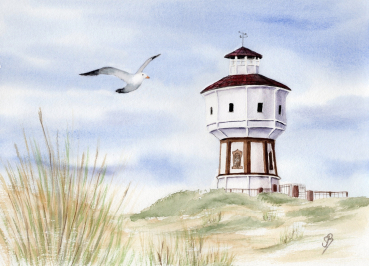 Postkarte DIN-A6  Aquarell Maritim Kunst Druck Kunstdruck Nordsee Insel Langeoog Wasserturm Leuchtturm