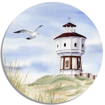 Untersetzer Glasuntersetzer rund 9,5 cm Aquarell Maritim Kunst Druck Kunstdruck Nordsee Insel Langeoog Wasserturm Leuchtturm