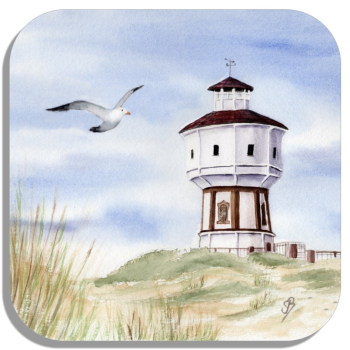 Untersetzer Glasuntersetzer 9,5 x 9,5 cm Aquarell Maritim Kunst Druck Kunstdruck Nordsee Insel Langeoog Wasserturm Leuchtturm