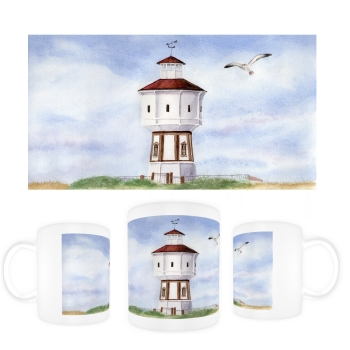 Tasse Becher Kaffeebecher Aquarell Maritim Kunst Druck Kunstdruck Nordsee Insel Langeoog Wasserturm Leuchtturm