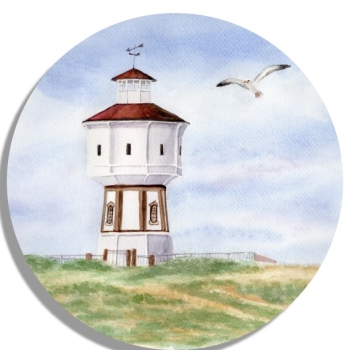 Untersetzer Glasuntersetzer rund 9,5 cm Aquarell Maritim Kunst Druck Kunstdruck Nordsee Insel Langeoog Wasserturm Leuchtturm