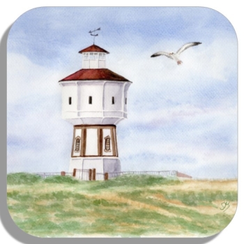Untersetzer Glasuntersetzer 9,5 x 9,5 cm Aquarell Maritim Kunst Druck Kunstdruck Nordsee Insel Langeoog Wasserturm Leuchtturm