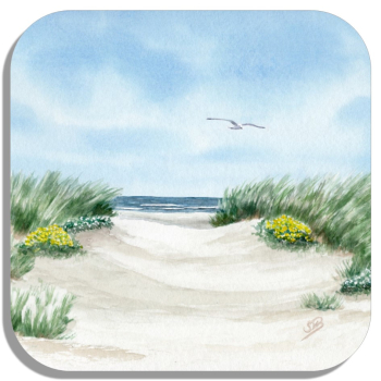Untersetzer Glasuntersetzer 9,5 x 9,5 cm Strandweg Aquarell Maritim Kunst Druck Kunstdruck Dänemark Nordsee Ostsee Dünen Meer Strand Sylt