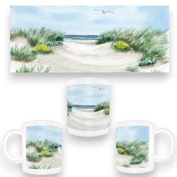 Tasse Becher Kaffeebecher Strandweg  Aquarell Maritim Kunst Druck Kunstdruck Dänemark Nordsee Ostsee Dünen Meer Strand Sylt
