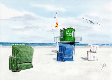Postkarte DIN-A6 Aquarell Maritim Kunst Druck Kunstdruck Nordsee Insel Langeoog Badeturm grün Strand Meer