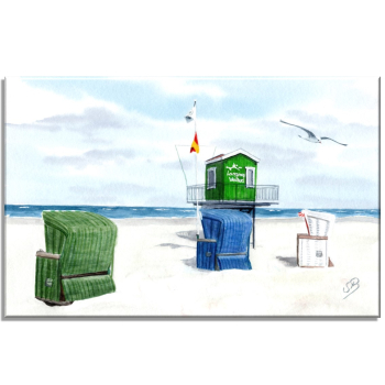 Leinwand 30 x 20 cm Keilrahmen Canvas-Leinen Aquarell Maritim Kunst Druck Kunstdruck Nordsee Insel Langeoog Badeturm grün Strand Meer