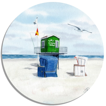 Untersetzer Glasuntersetzer rund 9,5 cm Aquarell Maritim Kunst Druck Kunstdruck Nordsee Insel Langeoog Badeturm grün Strand Meer