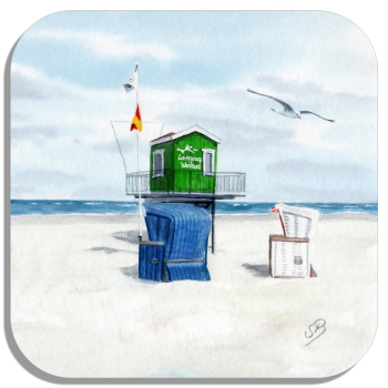 Untersetzer Glasuntersetzer 9,5 x 9,5 cm Aquarell Maritim Kunst Druck Kunstdruck Nordsee Insel Langeoog Badeturm grün Strand Meer