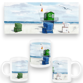 Tasse Becher Kaffeebecher Aquarell Maritim Kunst Druck Kunstdruck Nordsee Insel Langeoog Badeturm grün Strand Meer