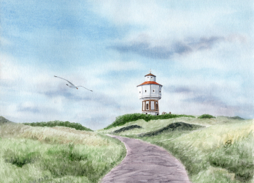 Postkarte DIN-A6  Aquarell Maritim Kunst Druck Kunstdruck Nordsee Insel Langeoog Wasserturm Leuchtturm
