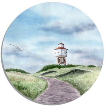 Untersetzer Glasuntersetzer rund 9,5 cm Aquarell Maritim Kunst Druck Kunstdruck Nordsee Insel Langeoog Wasserturm Leuchtturm