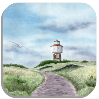 Untersetzer Glasuntersetzer 9,5 x 9,5 cm Aquarell Maritim Kunst Druck Kunstdruck Nordsee Insel Langeoog Wasserturm Leuchtturm