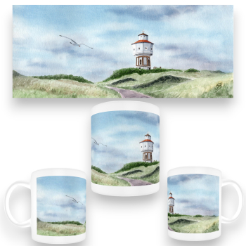 Tasse Becher Kaffeebecher Aquarell Maritim Kunst Druck Kunstdruck Nordsee Insel Langeoog Wasserturm Leuchtturm