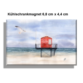 Kühlschrankmagnet  Aquarell Maritim Kunst Druck Kunstdruck Nordsee Insel Langeoog Badeturm rot Strand Meer