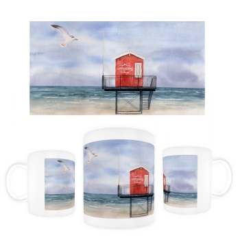 Tasse Becher Kaffeebecher Aquarell Maritim Kunst Druck Kunstdruck Nordsee Insel Langeoog Badeturm rot Strand Meer